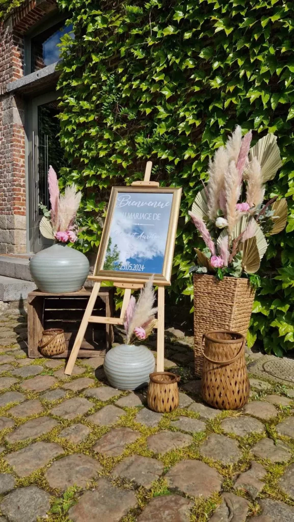 Panneau de bienvenue avec miroir personnalisé sur chevalet en bois, décoration florale, pivoine, fleurs, séchées et pampas, vases de couleur vert sauge et pots en osier proposé par Nature Event